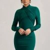 Eve | Bottle Green Crossed-Neck Long-Sleeved Bodycon Mini Dress -Dress Shop WB CL128832047 Eve BottleGreenCrossed NeckLong SleevedBodyconMiniDress1