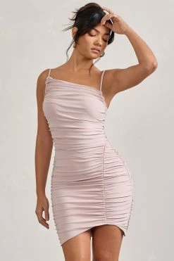 Brightest | Nude Ruched Strappy Asymmetric Bodycon Mini Dress -Dress Shop WB CL128834059 Brightest ChampagneRuchedStrappyAsymmetricBodyconMiniDress2
