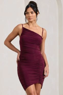 Brightest | Burgundy Ruched Strappy Asymmetric Bodycon Mini Dress