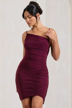Brightest | Burgundy Ruched Strappy Asymmetric Bodycon Mini Dress -Dress Shop WB CL128834069 BrightestBurgundyRuchedStrappyAsymmetricBodyconMiniDress3