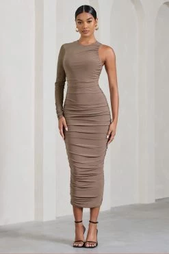 Luciene | Mocha Ruched Asymmetric Bodycon Midi Dress With Sheer Sleeve -Dress Shop WB CL128837038 Luciene MochaRuchedAsymmetricBodyconMidiDressWithSheerSleeve1