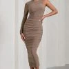 Luciene | Mocha Ruched Asymmetric Bodycon Midi Dress With Sheer Sleeve -Dress Shop WB CL128837038 Luciene MochaRuchedAsymmetricBodyconMidiDressWithSheerSleeve3