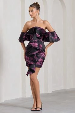 Aspen | Black Floral Print Bardot Mini Dress With Ruffles
