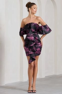 Aspen | Black Floral Print Bardot Mini Dress With Ruffles -Dress Shop WB CL128857155 AspenBlackFloralPrintBardotMiniDressWithRuffles2