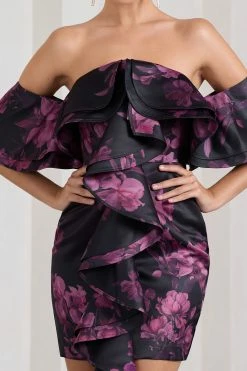 Aspen | Black Floral Print Bardot Mini Dress With Ruffles -Dress Shop WB CL128857155 AspenBlackFloralPrintBardotMiniDressWithRuffles3