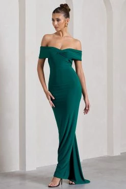 Vivienne | Bottle Green Bardot Open-Back Maxi Dress -Dress Shop WB CL128862047 VivienneBottleGreenBardotOpen BackMaxiDress2