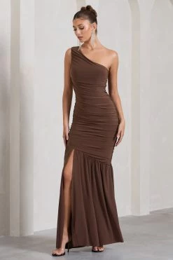 The Limelight | Chocolate Asymmetric Ruched Fishtail Maxi Dress -Dress Shop WB CL128866067 TheLimelightChocolateAsymmetricRuchedFishtailMaxiDress0