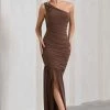 The Limelight | Chocolate Asymmetric Ruched Fishtail Maxi Dress -Dress Shop WB CL128866067 TheLimelightChocolateAsymmetricRuchedFishtailMaxiDress1