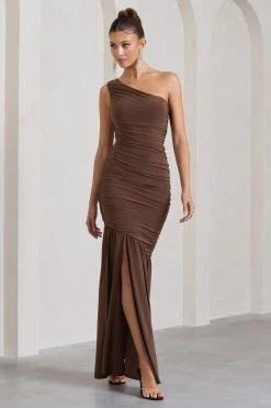 The Limelight | Chocolate Asymmetric Ruched Fishtail Maxi Dress -Dress Shop WB CL128866067 TheLimelightChocolateAsymmetricRuchedFishtailMaxiDress2
