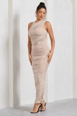Born With It | Champagne Sleeveless High-Neck Draped Maxi Dress With Mesh Inserts -Dress Shop WB CL128873059 BornWithItChampagneSleevelessHigh NeckDrapedMaxiDressWithMeshInserts3 0319f962 c699 467d 95f2 aa7f61f4787c