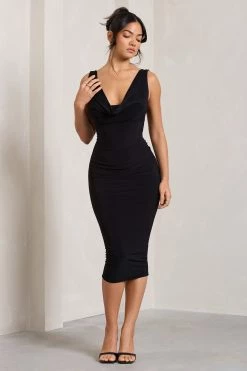 Rosie | Black Sleeveless Cowl-Neck Bodycon Midi Dress 11 Rosie | Black Sleeveless Cowl-Neck Bodycon Midi Dress -Dress Shop WB CL128875002 Rosie BlackSleevelessCowl NeckBodyconMidiDress4