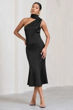 Golden Girl | Black Satin Asymmetric High-Neck Flared Midi Dress -Dress Shop WB CL128878002 GoldenGirlBlackSatinAsymmetricHigh NeckFlaredMidiDress0