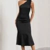 Golden Girl | Black Satin Asymmetric High-Neck Flared Midi Dress -Dress Shop WB CL128878002 GoldenGirlBlackSatinAsymmetricHigh NeckFlaredMidiDress3