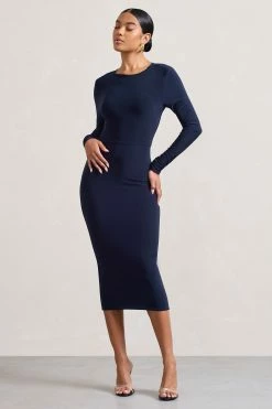 Dynasty Darling | Navy Cowl-Back Long-Sleeved Bodycon Midi Dress -Dress Shop WB CL128880015 DynastyDarling NavyCowl NeckLong SleevedBodyconMidiDress1