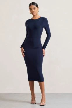 Dynasty Darling | Navy Cowl-Back Long-Sleeved Bodycon Midi Dress -Dress Shop WB CL128880015 DynastyDarling NavyCowl NeckLong SleevedBodyconMidiDress4