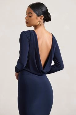 Dynasty Darling | Navy Cowl-Back Long-Sleeved Bodycon Midi Dress -Dress Shop WB CL128880015 DynastyDarling NavyCowl NeckLong SleevedBodyconMidiDress8
