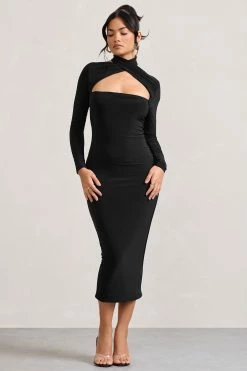 High Hopes | Black Halter-Neck Long-Sleeved Bodycon Midi Dress