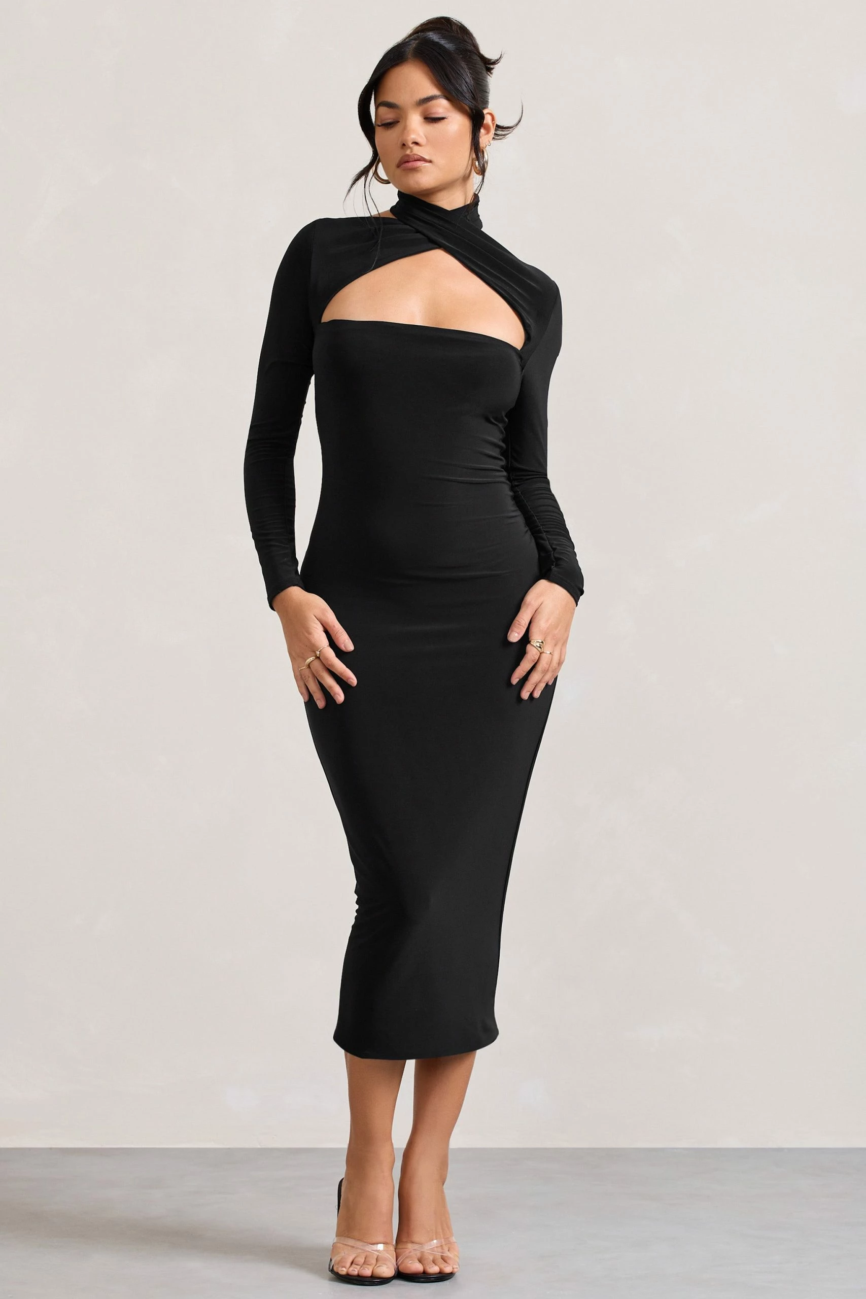 High Hopes | Black Halter-Neck Long-Sleeved Bodycon Midi Dress 3 High Hopes | Black Halter-Neck Long-Sleeved Bodycon Midi Dress