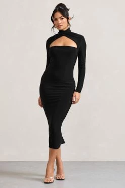 High Hopes | Black Halter-Neck Long-Sleeved Bodycon Midi Dress 11 High Hopes | Black Halter-Neck Long-Sleeved Bodycon Midi Dress -Dress Shop WB CL128893002 HighHopesBlackHalter NeckLong SleevedBodyconMidiDress2