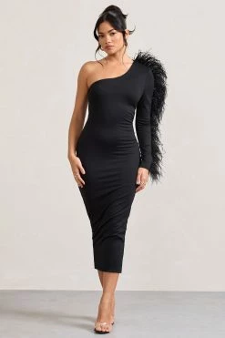 Wild One | Black One-Shoulder Bodycon Midi Dress With Feather-Trimmed Sleeve 10 Wild One | Black One-Shoulder Bodycon Midi Dress With Feather-Trimmed Sleeve -Dress Shop WB CL128897002 WildOneBlackAsymmetricBodyconMidiDressWithFeather TrimmedSleeve1