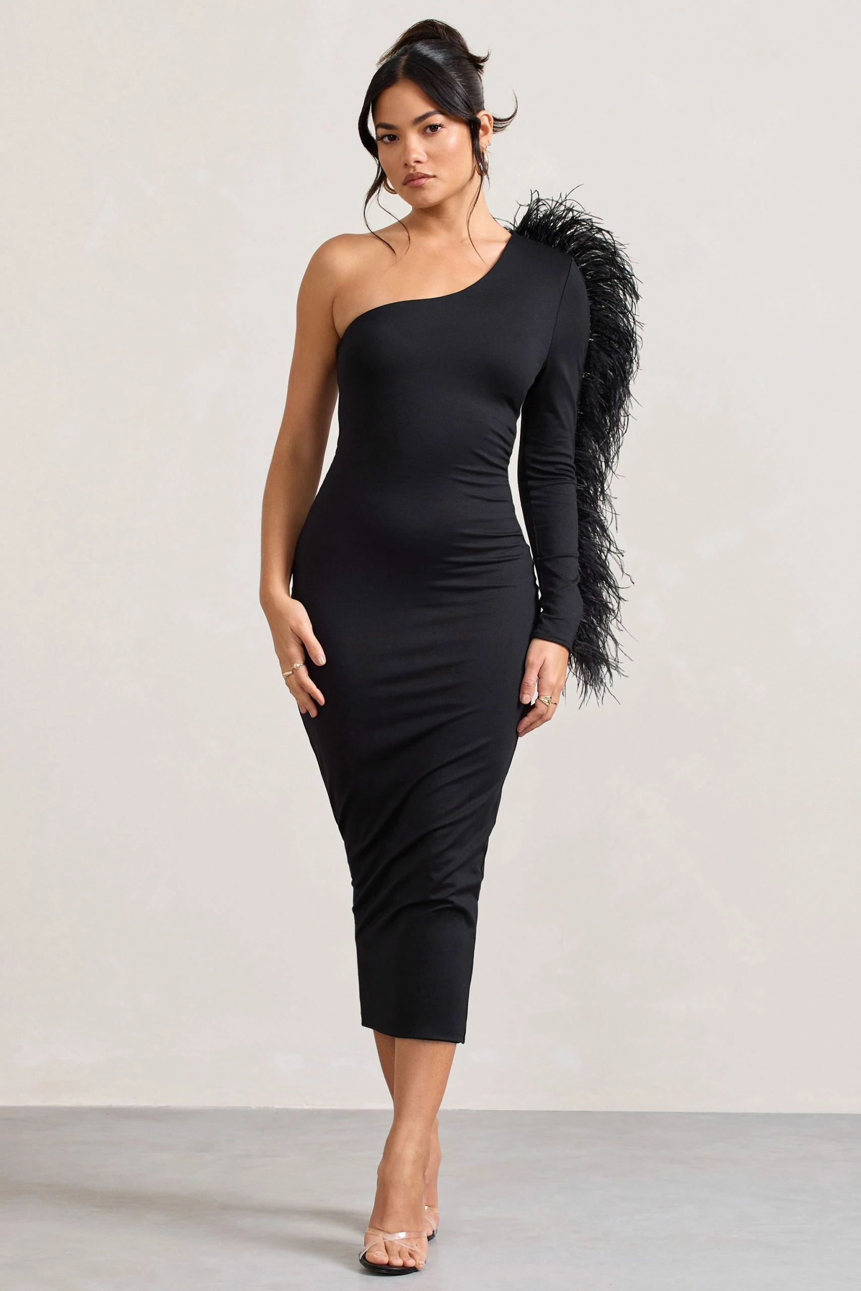 Wild One | Black One-Shoulder Bodycon Midi Dress With Feather-Trimmed Sleeve 6 Wild One | Black One-Shoulder Bodycon Midi Dress With Feather-Trimmed Sleeve - Image 4