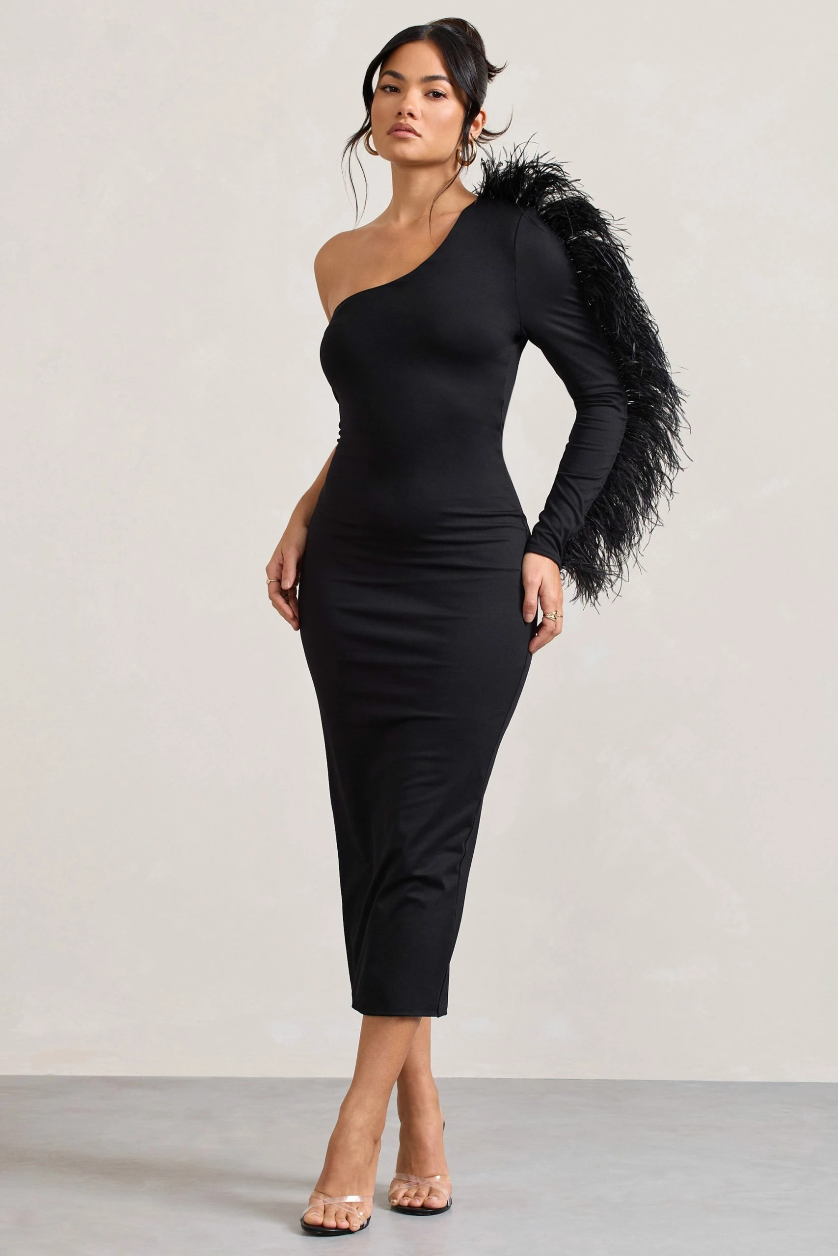 Wild One | Black One-Shoulder Bodycon Midi Dress With Feather-Trimmed Sleeve 7 Wild One | Black One-Shoulder Bodycon Midi Dress With Feather-Trimmed Sleeve - Image 5