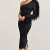 Wild One | Black One-Shoulder Bodycon Midi Dress With Feather-Trimmed Sleeve 2 Wild One | Black One-Shoulder Bodycon Midi Dress With Feather-Trimmed Sleeve -Dress Shop WB CL128897002 WildOneBlackAsymmetricBodyconMidiDressWithFeather TrimmedSleeve6