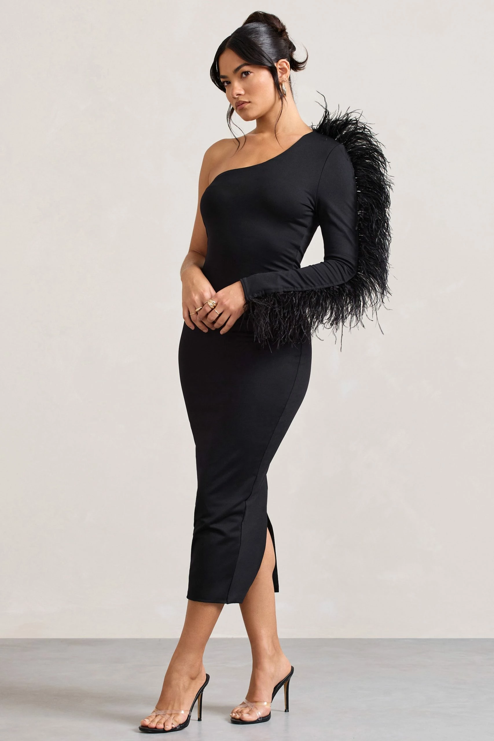 Wild One | Black One-Shoulder Bodycon Midi Dress With Feather-Trimmed Sleeve 3 Wild One | Black One-Shoulder Bodycon Midi Dress With Feather-Trimmed Sleeve