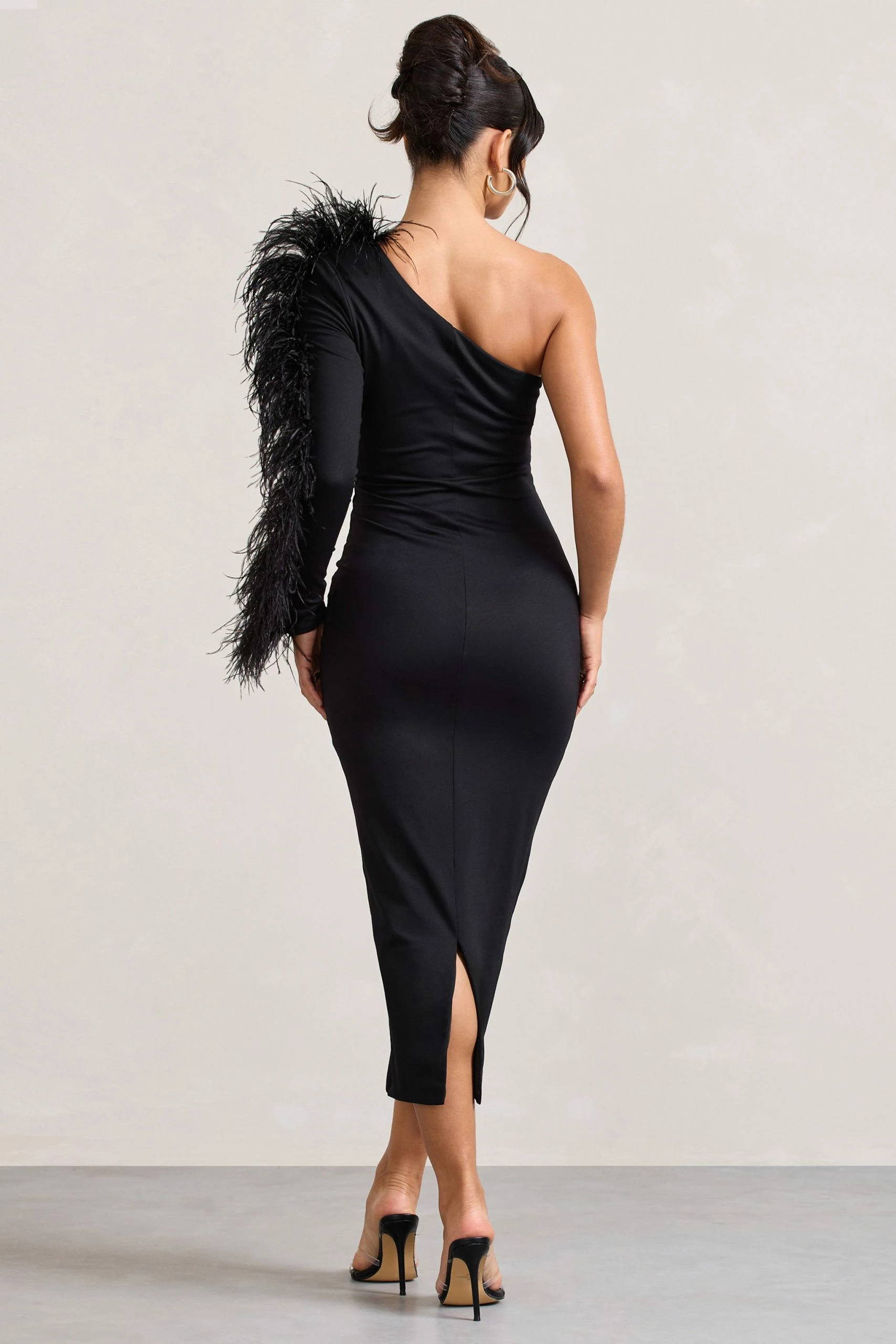 Wild One | Black One-Shoulder Bodycon Midi Dress With Feather-Trimmed Sleeve 4 Wild One | Black One-Shoulder Bodycon Midi Dress With Feather-Trimmed Sleeve - Image 2