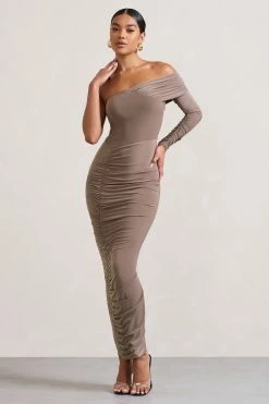 Afterparty | Mocha Ruched Asymmetric Bodycon Maxi Dress -Dress Shop WB CL128901038 Afterparty MochaRuchedAsymmetricBodyconMaxiDress3 a55ac64c 2dc2 44ae 918c 210124381ac5