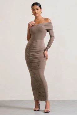 Afterparty | Mocha Ruched Asymmetric Bodycon Maxi Dress -Dress Shop WB CL128901038 Afterparty MochaRuchedAsymmetricBodyconMaxiDress4 6bd6aaf3 8e6c 4e5c aa4c 90dc7ada5a92