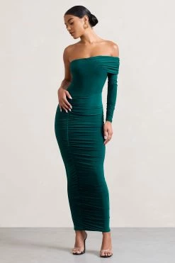 Afterparty | Bottle Green Ruched Asymmetric Bodycon Maxi Dress