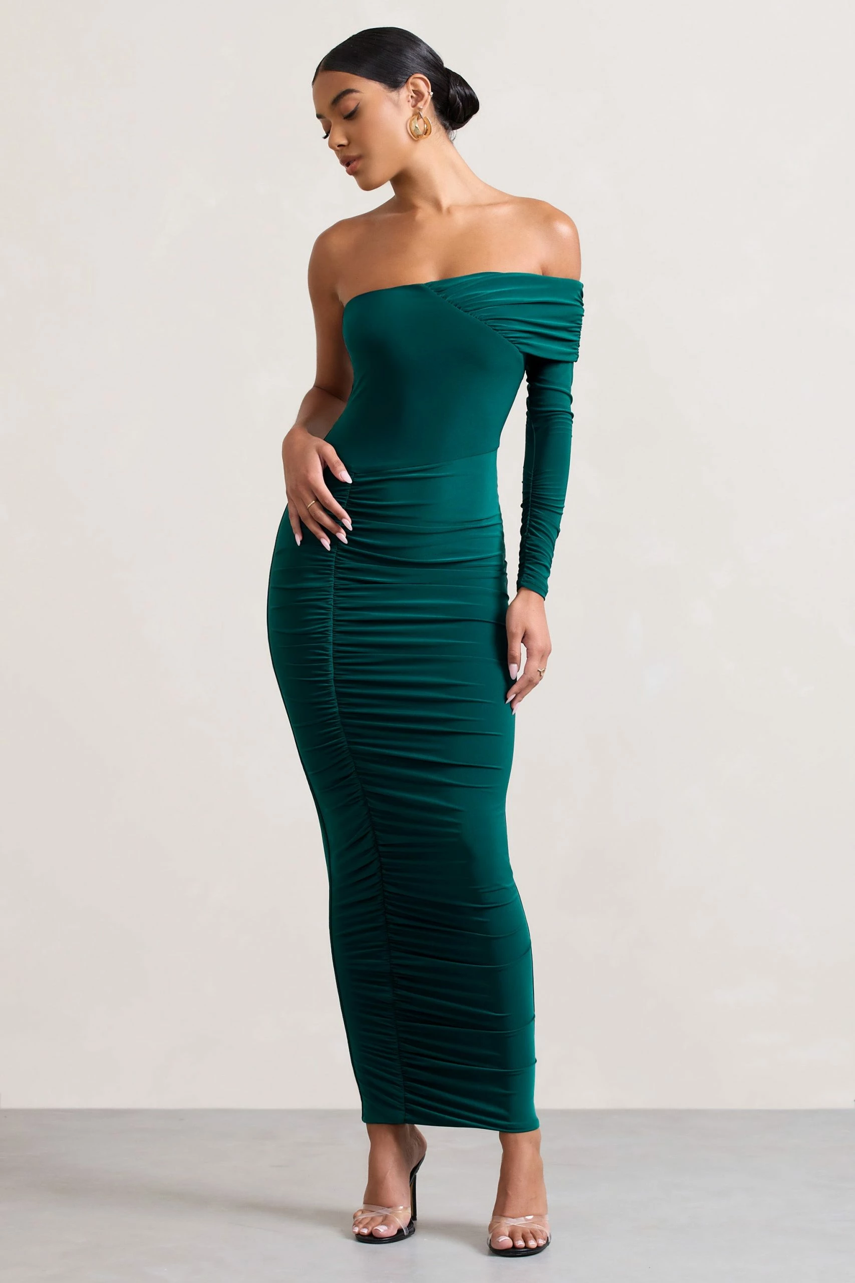 Afterparty | Bottle Green Ruched Asymmetric Bodycon Maxi Dress 3 Afterparty | Bottle Green Ruched Asymmetric Bodycon Maxi Dress