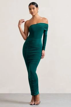 Afterparty | Bottle Green Ruched Asymmetric Bodycon Maxi Dress 11 Afterparty | Bottle Green Ruched Asymmetric Bodycon Maxi Dress -Dress Shop WB CL128901047 AfterpartyBottleGreenRuchedAsymmetricBodyconMaxiDress2