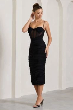 Inviting | Black Ruched Corset Midi Dress 9 Inviting | Black Ruched Corset Midi Dress -Dress Shop WB CL128933002 InvitingBlackRuchedMidiDress3