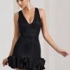 Main Present | Black Glittered V-Neck Mini Dress With Ruffle Trim