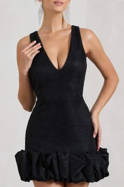 Main Present | Black Glittered V-Neck Mini Dress With Ruffle Trim 9 Main Present | Black Glittered V-Neck Mini Dress With Ruffle Trim -Dress Shop WB CL128934002 MainPresentBlackGlitteredV NeckMiniDressWithRuffleTrim4