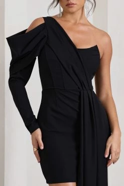 Surprise | Black One-Sleeved Corset Mini Dress With Draping -Dress Shop WB CL128939002 SurpriseBlackOne SleevedCorsetMiniDressWithDraping4