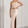 Champagne Showers | Nude Satin Strapless Split Maxi Dress -Dress Shop WB CL128940030 ChampagneShowersNudeSatinStraplessSplitMaxiDress0