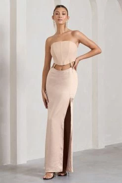 Champagne Showers | Nude Satin Strapless Split Maxi Dress