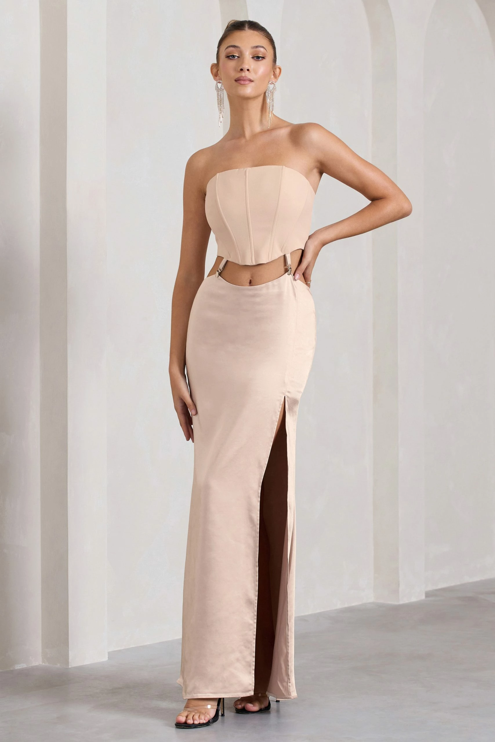 Champagne Showers | Nude Satin Strapless Split Maxi Dress 3 Champagne Showers | Nude Satin Strapless Split Maxi Dress