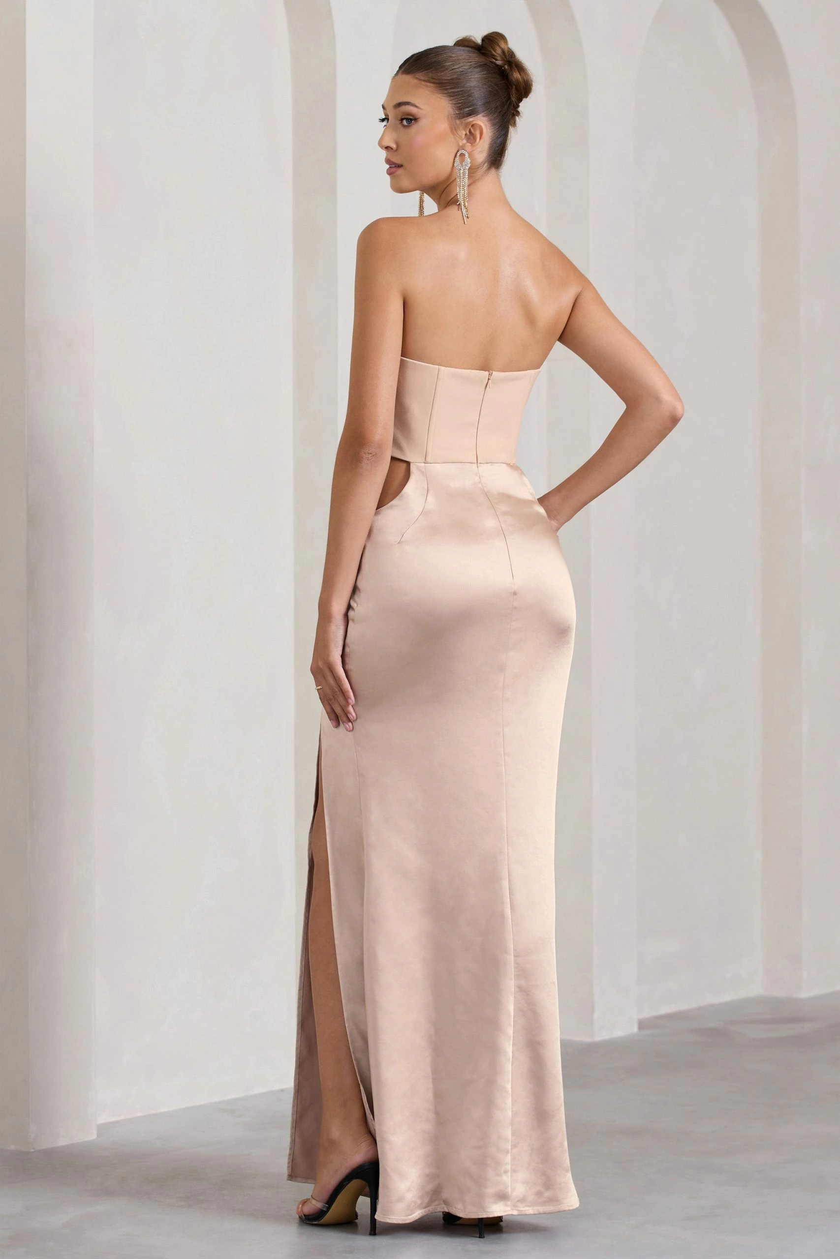 Champagne Showers | Nude Satin Strapless Split Maxi Dress 4 Champagne Showers | Nude Satin Strapless Split Maxi Dress - Image 2