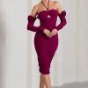 Extra Special | Dark Cherry Ruched Halter-Neck Midi Dress With Flowers -Dress Shop WB CL128945164 ExtraSpecialDarkCherryRuchedHalter NeckMidiDressWithFlowers1
