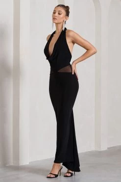 Big Deal | Black Cowl-Neck Maxi Dress With Mesh Inserts -Dress Shop WB CL128953002 BigDealBlackCowl NeckMaxiDressWithMeshInserts2