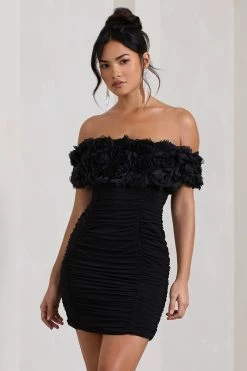Pass A Glass | Black Ruched Bardot Mini Dress With Flowers -Dress Shop WB CL128969002 PassAGlassBlackRuchedBardotMiniDressWithFlowers3
