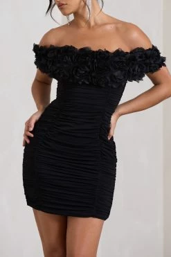 Pass A Glass | Black Ruched Bardot Mini Dress With Flowers -Dress Shop WB CL128969002 PassAGlassBlackRuchedBardotMiniDressWithFlowers4