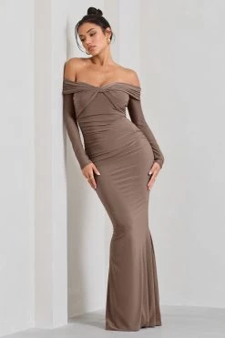Alex | Mocha Bardot Twist Maxi Dress -Dress Shop WB CL128974038 AlexMochaBardotTwistMaxiDress0