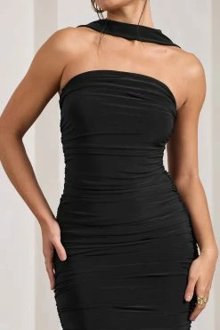 Entranced | Black Ruched Bandeau Maxi Dress With Halter Collar -Dress Shop WB CL128983002 Entranced BlackRuchedBandeauMidiDressWithHalterCollar6