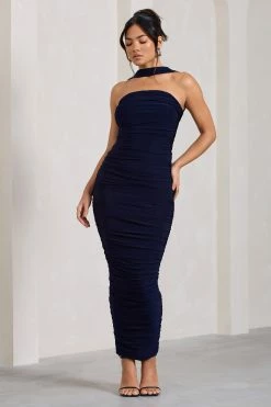 Entranced | Navy Ruched Bandeau Maxi Dress With Halter Collar -Dress Shop WB CL128983015 Entranced NavyRuchedBandeauMidiDressWithHalterCollar2