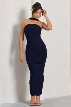 Entranced | Navy Ruched Bandeau Maxi Dress With Halter Collar -Dress Shop WB CL128983015 Entranced NavyRuchedBandeauMidiDressWithHalterCollar4